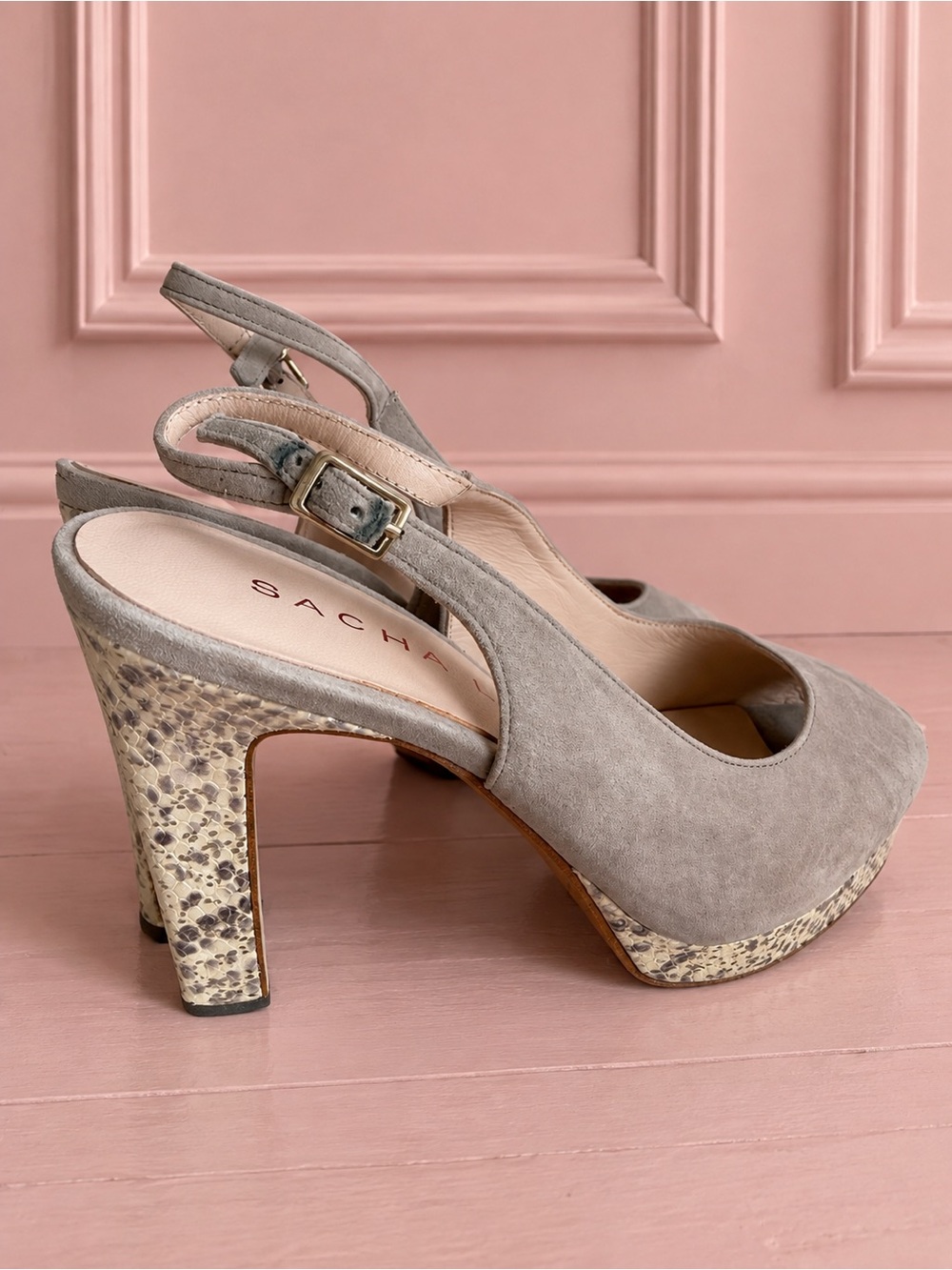 Sacha London Gray Suede Peep-Toe Slingback Platform Heels Snakeskin Heel